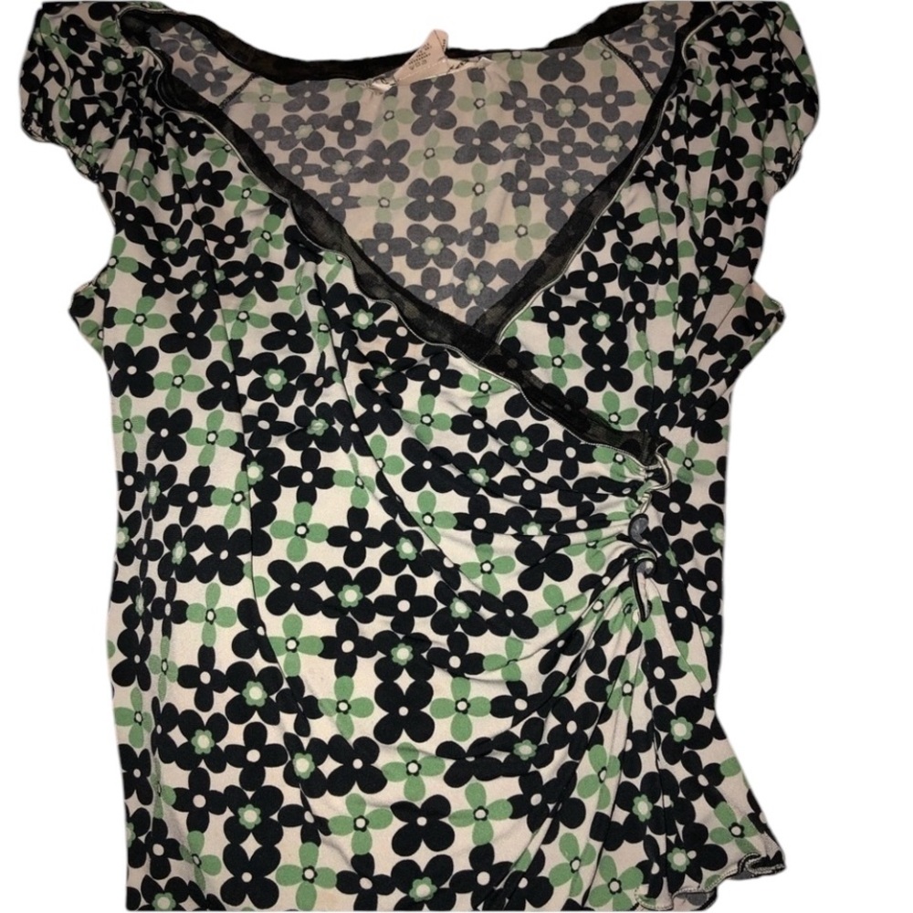 𝅺Max Studio size small green & brown print faux wrap top shirred side